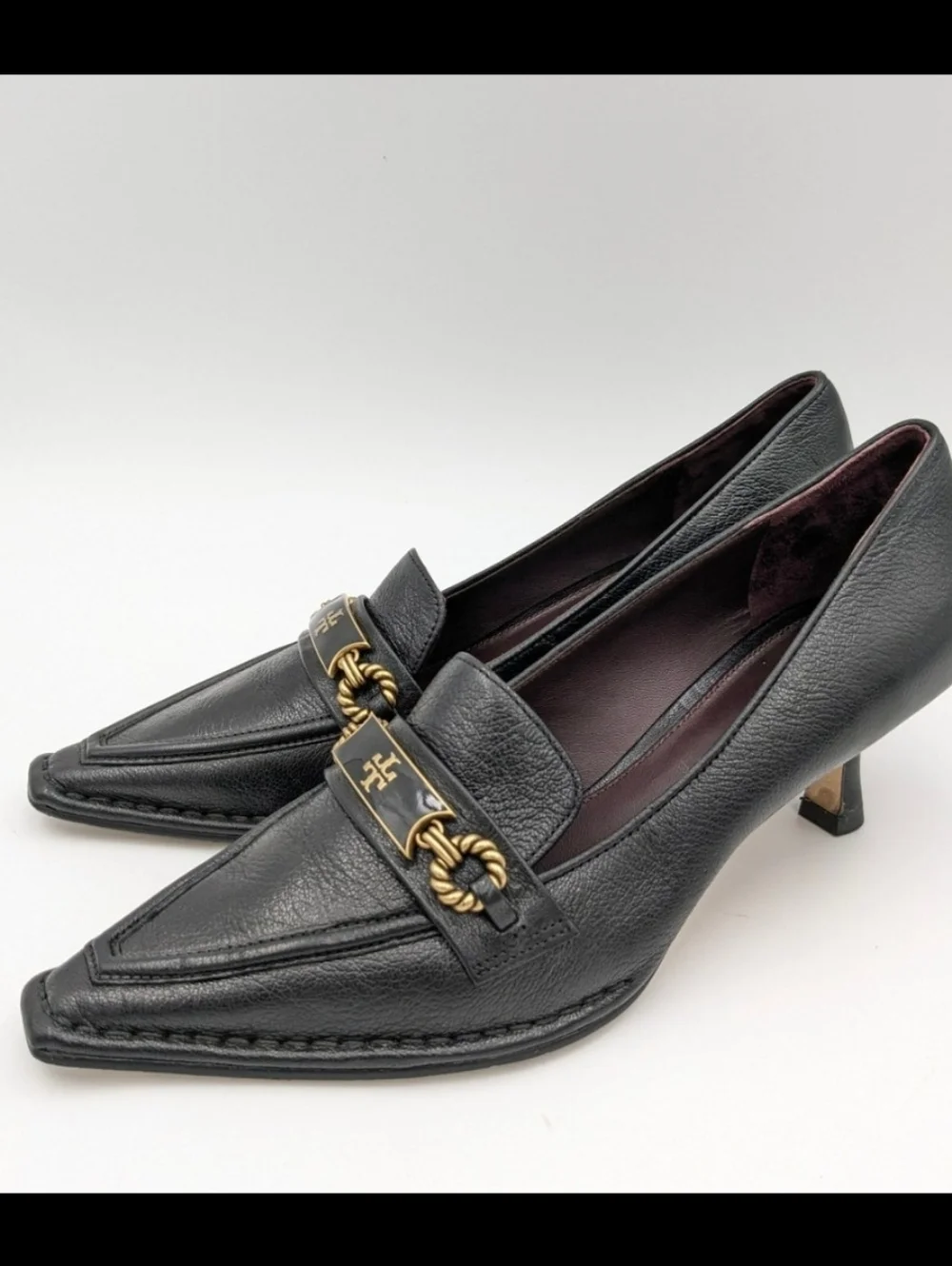 Tory Burch Black Leather Pointed Kitten Heel Loafers with Gold Hardware